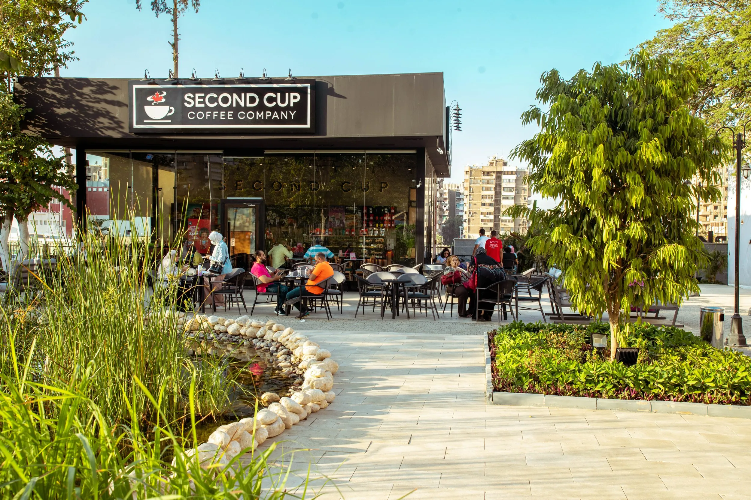 Second Cup café terrace on a sunny day